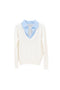 Maglia panna con Scollo a V e Collo Camicia celeste