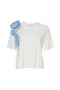 White cotton T-shirt with light blue ruffles