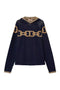Maxi maglia jacquard blu con cappuccio e disegno catena