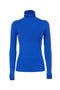 Top bleu slim en jersey stretch avec col montant et volants