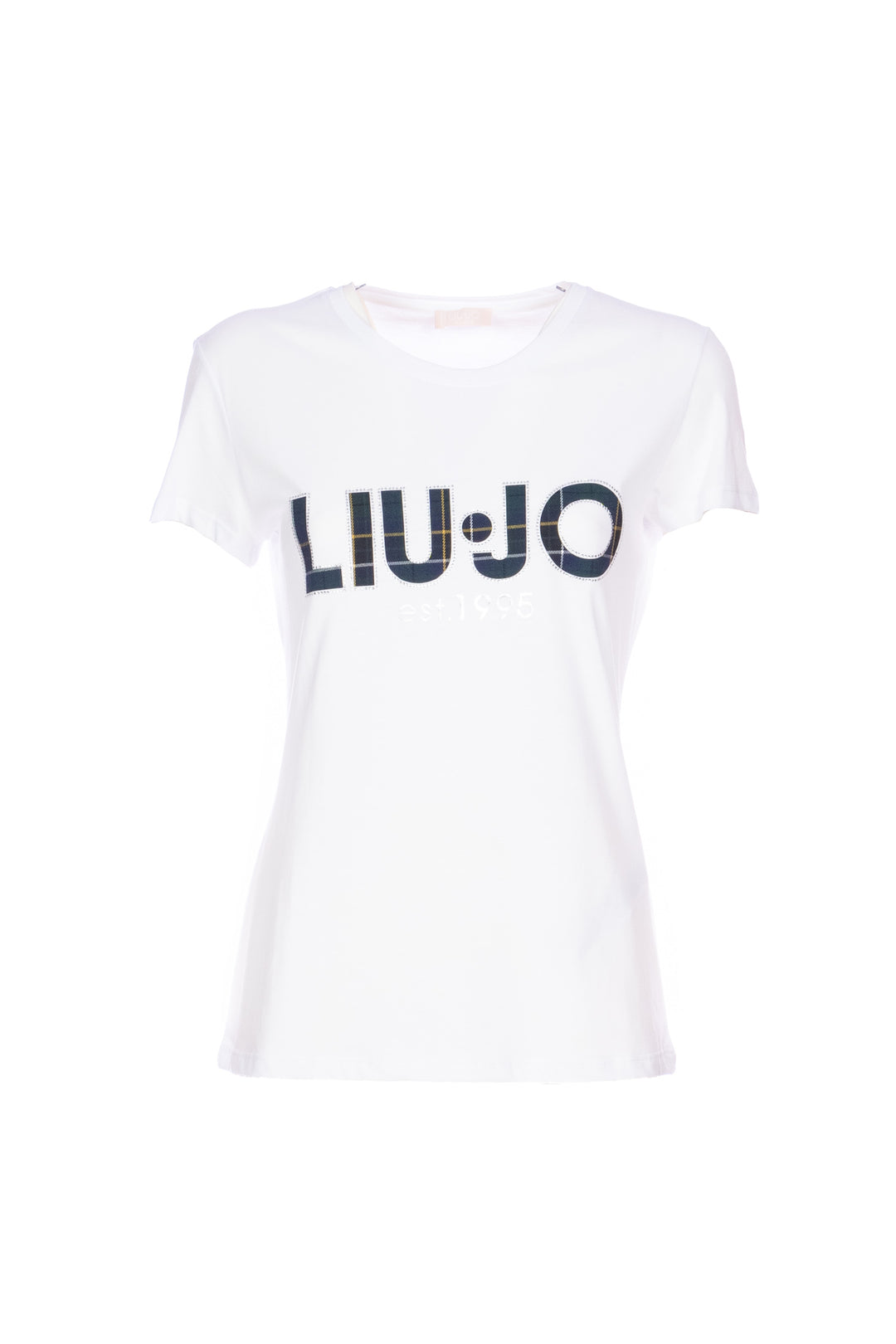 LIU JO T-shirt bianca in cotone con logo check - Mancinelli 1954