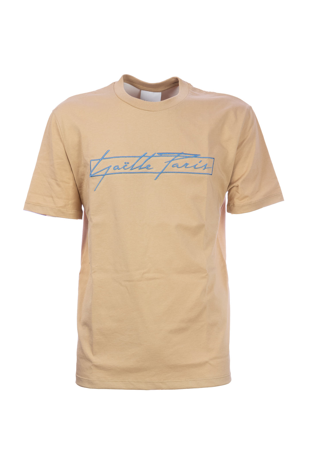 GAELLE T-shirt beige in cotone con logo grande ricamato in contrasto - Mancinelli 1954