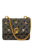 Handbag in denim effect fabric with jacquard logo and rhinestones