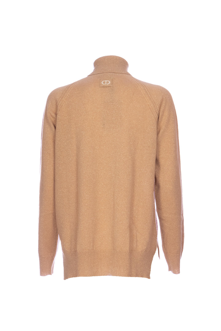 Maglia dolcevita cammello in misto lana cashmere e lurex