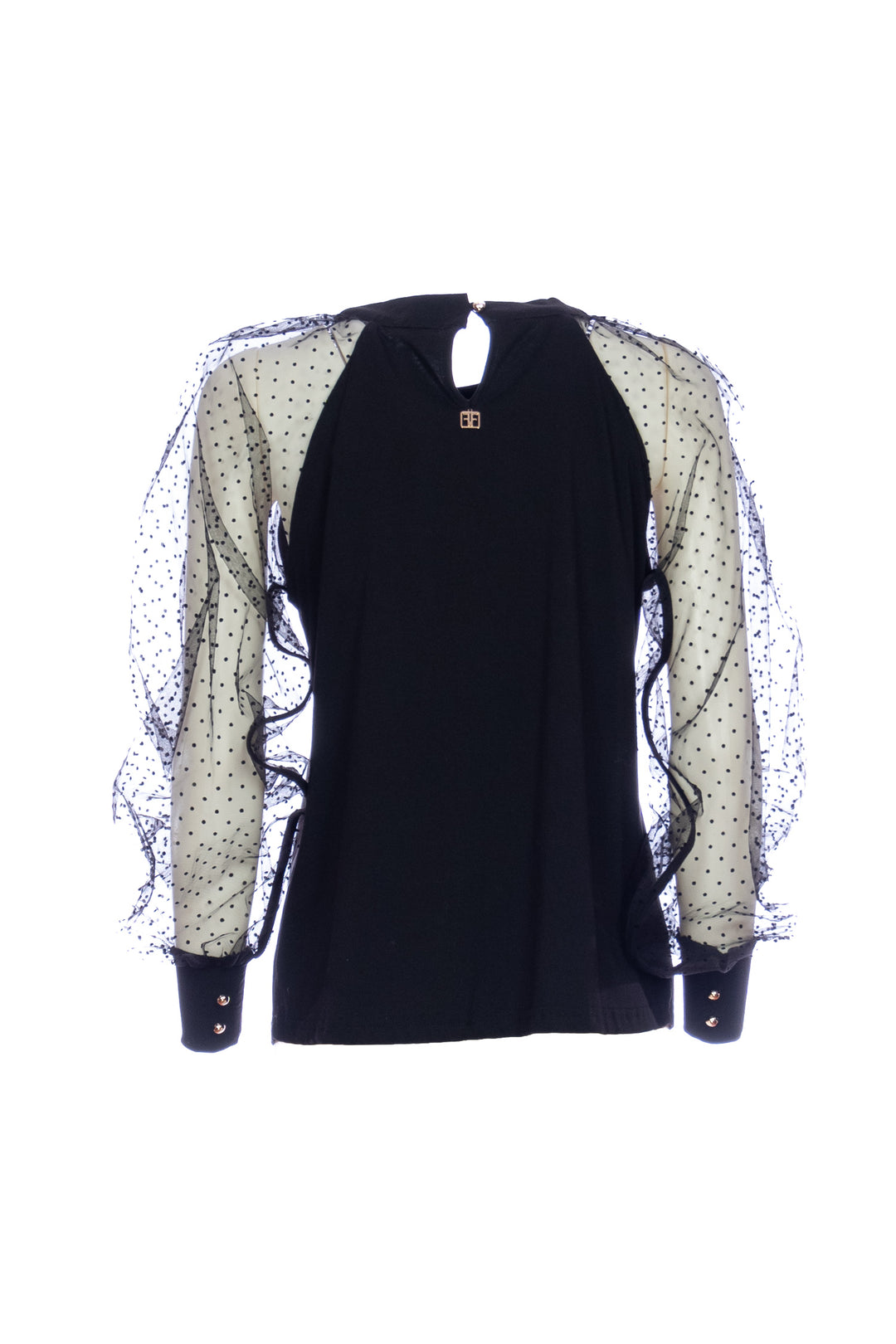 Top slim nero in cotone stretch con maniche lunghe in tulle