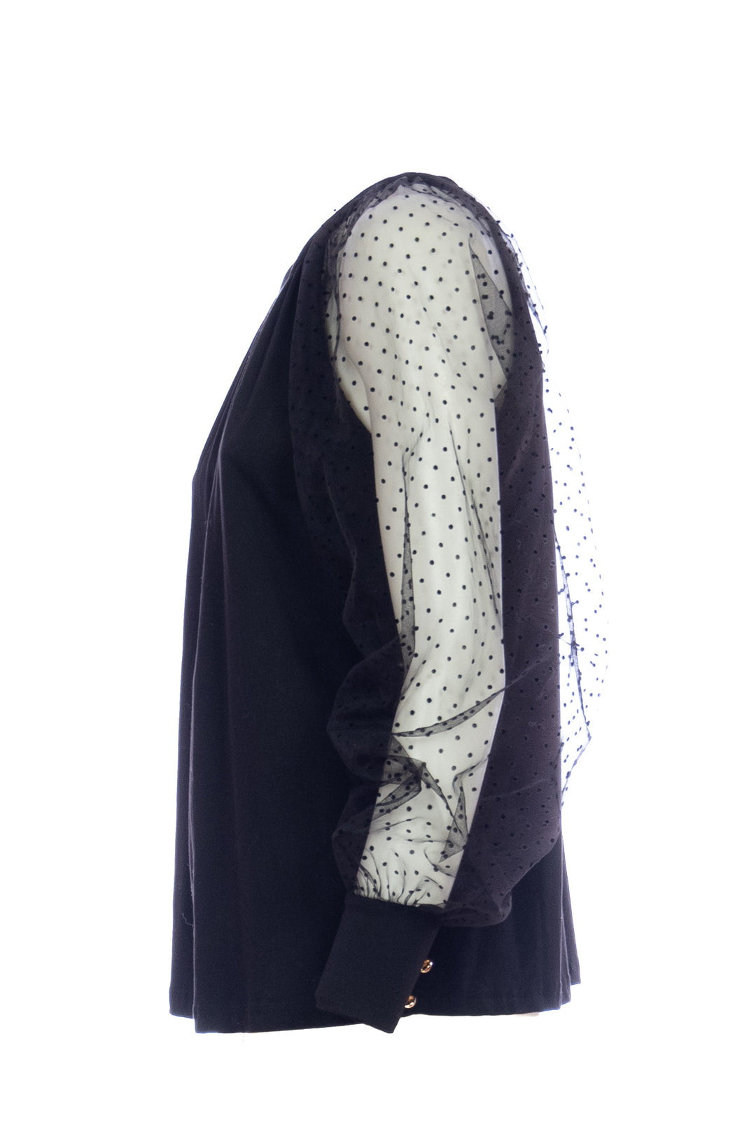 Top slim nero in cotone stretch con maniche lunghe in tulle