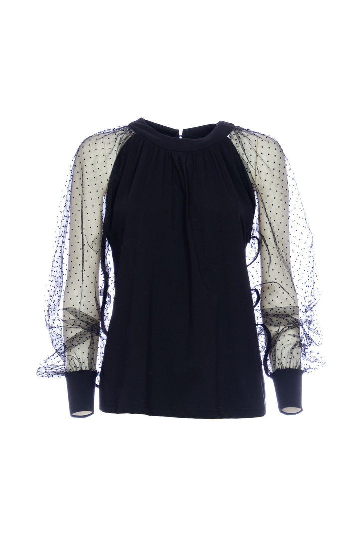 Top slim nero in cotone stretch con maniche lunghe in tulle