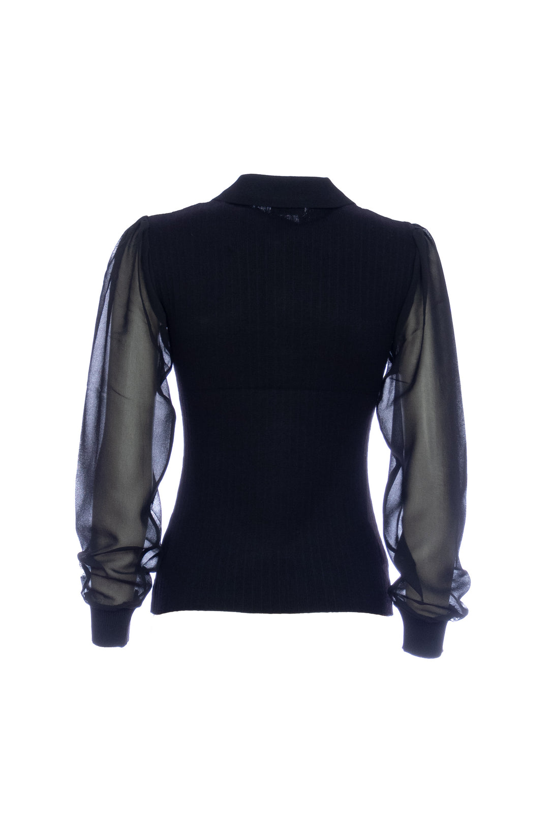 Maglia slim nera con maniche in tulle e colletto polo