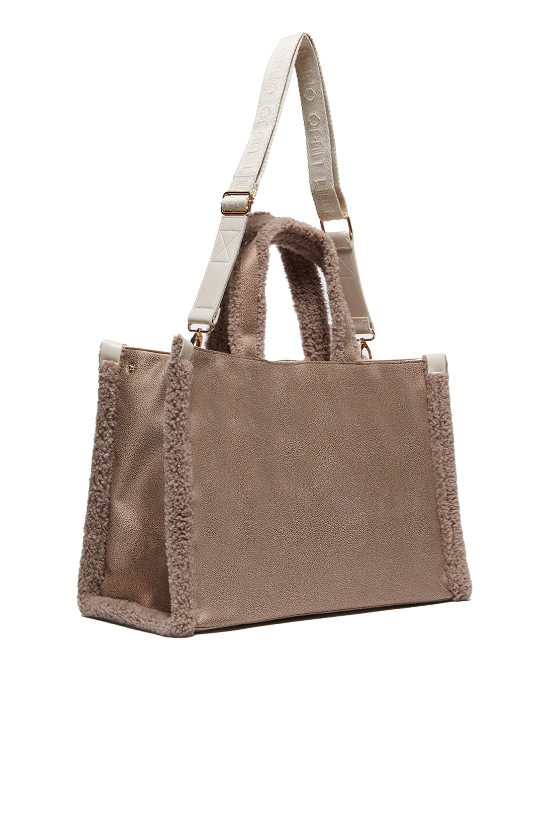 Shopping bag cammello in tessuto spalmato e dettagli in teddy