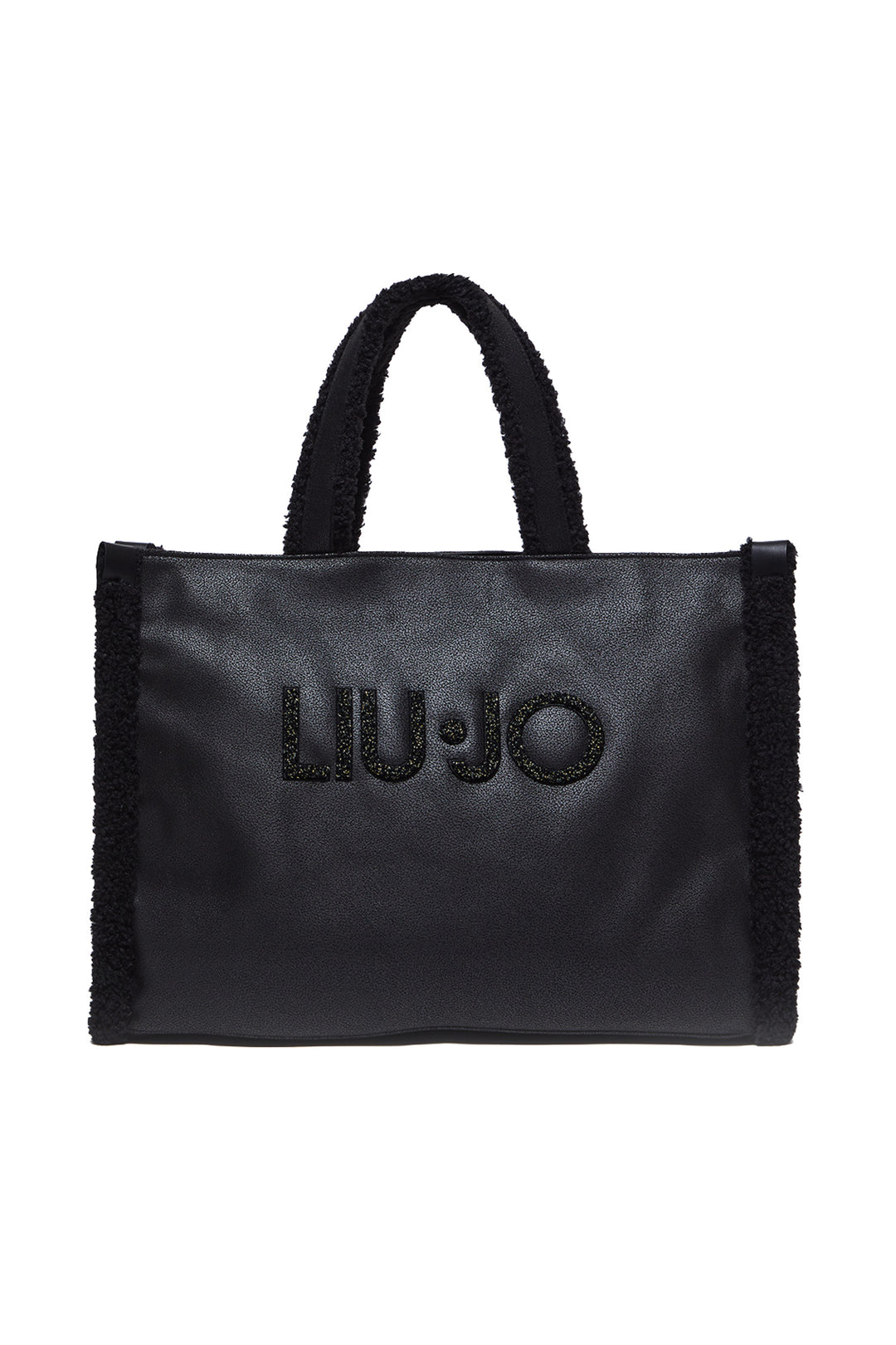 LIU JO Shopping bag nera in tessuto spalmato e dettagli in teddy
