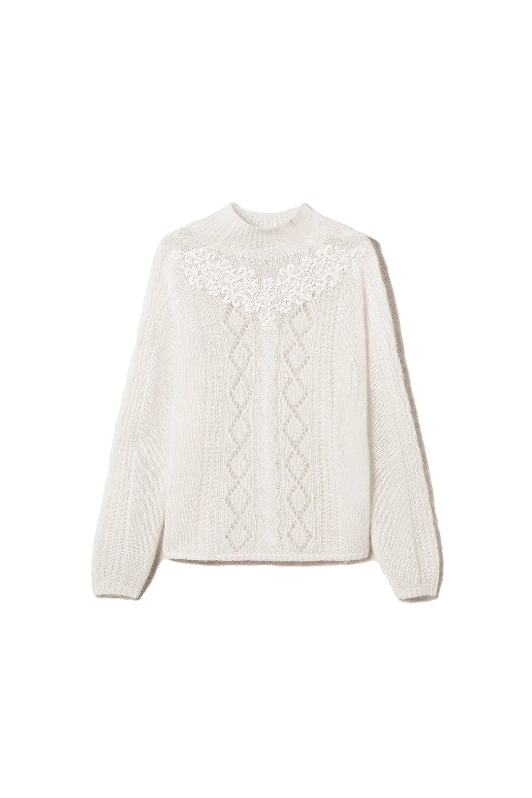 TWINSET Maglia lupetto bianco neve in lana e mohair con pizzo