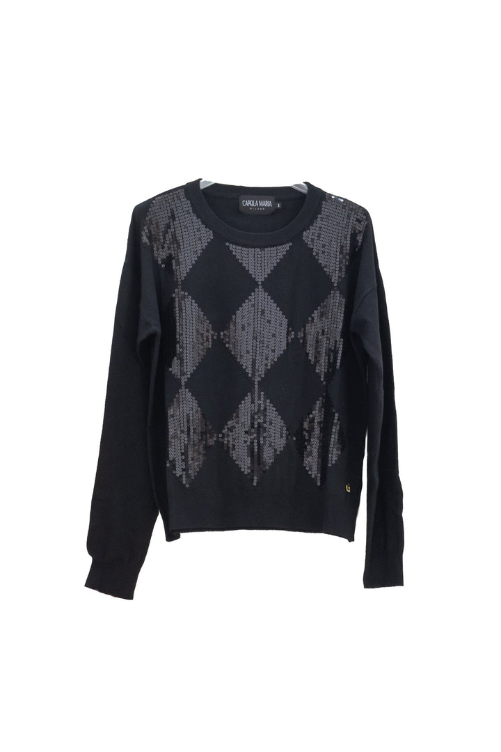 CAROLA MARIA Maglia girocollo nera con rombi e paillettes - Mancinelli 1954
