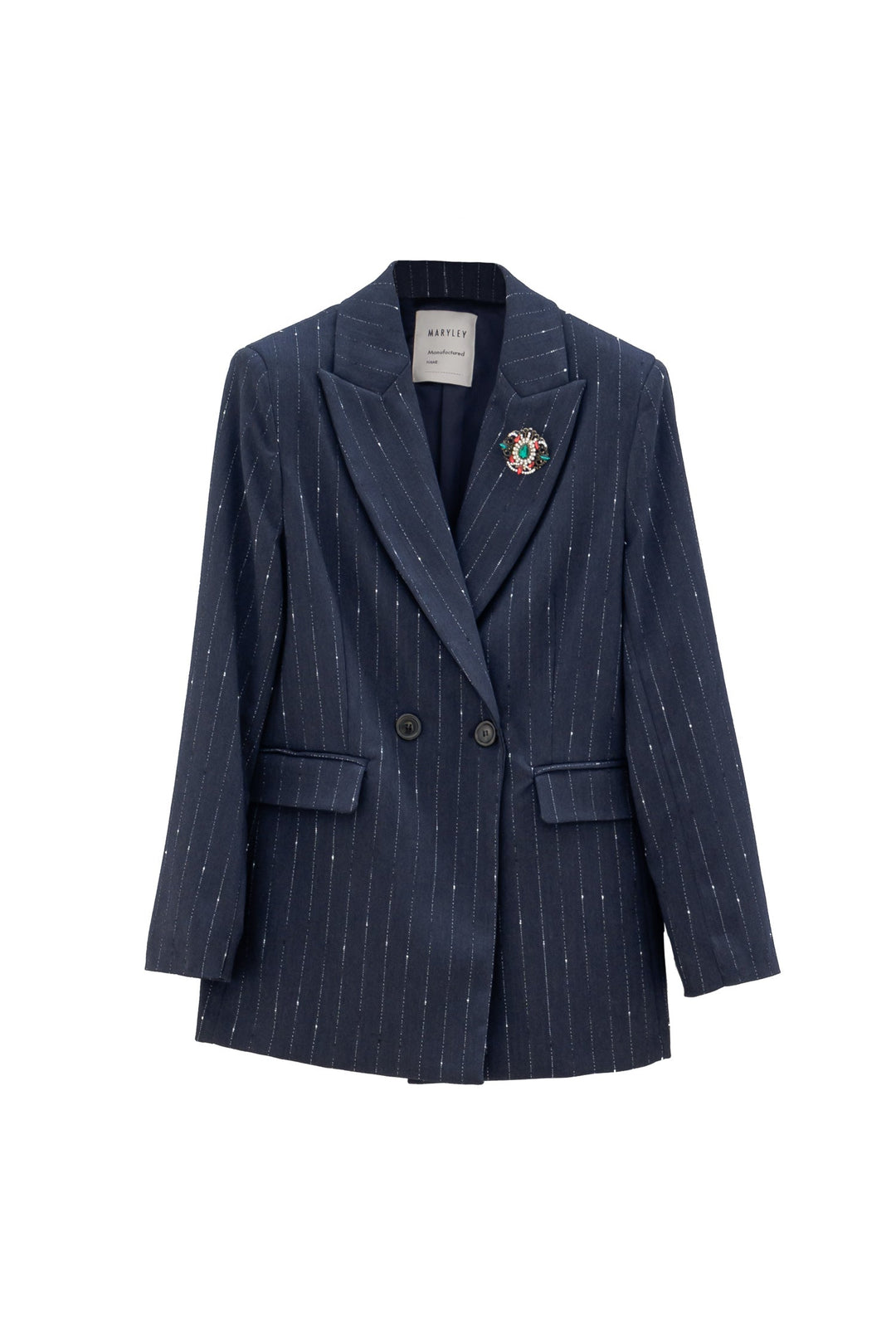 Mancinelli 1954 Giacca Doppiopetto blu scuro Gessata con Micropaillettes e Spilla Gioiello - Mancinelli 1954