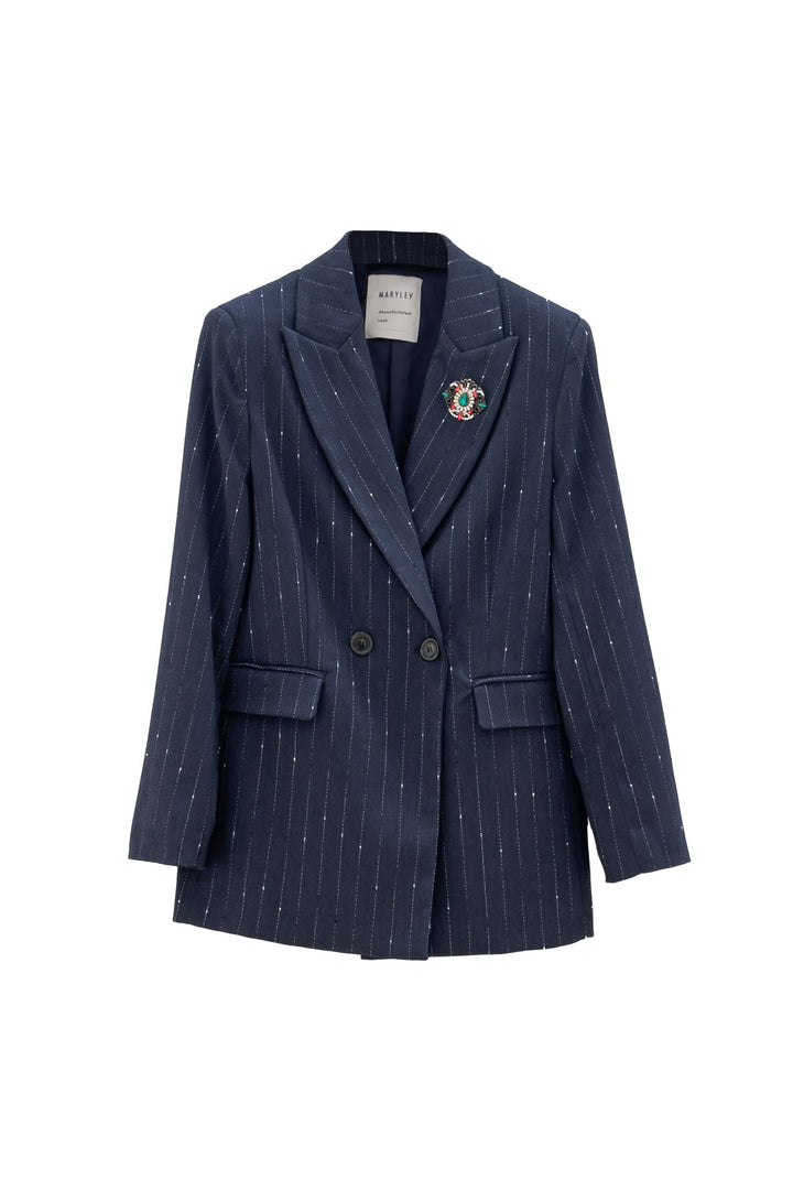 Mancinelli 1954 Giacca Doppiopetto blu scuro Gessata con Micropaillettes e Spilla Gioiello - Mancinelli 1954