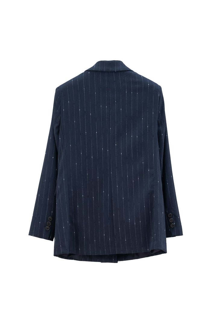 Mancinelli 1954 Giacca Doppiopetto blu scuro Gessata con Micropaillettes e Spilla Gioiello - Mancinelli 1954