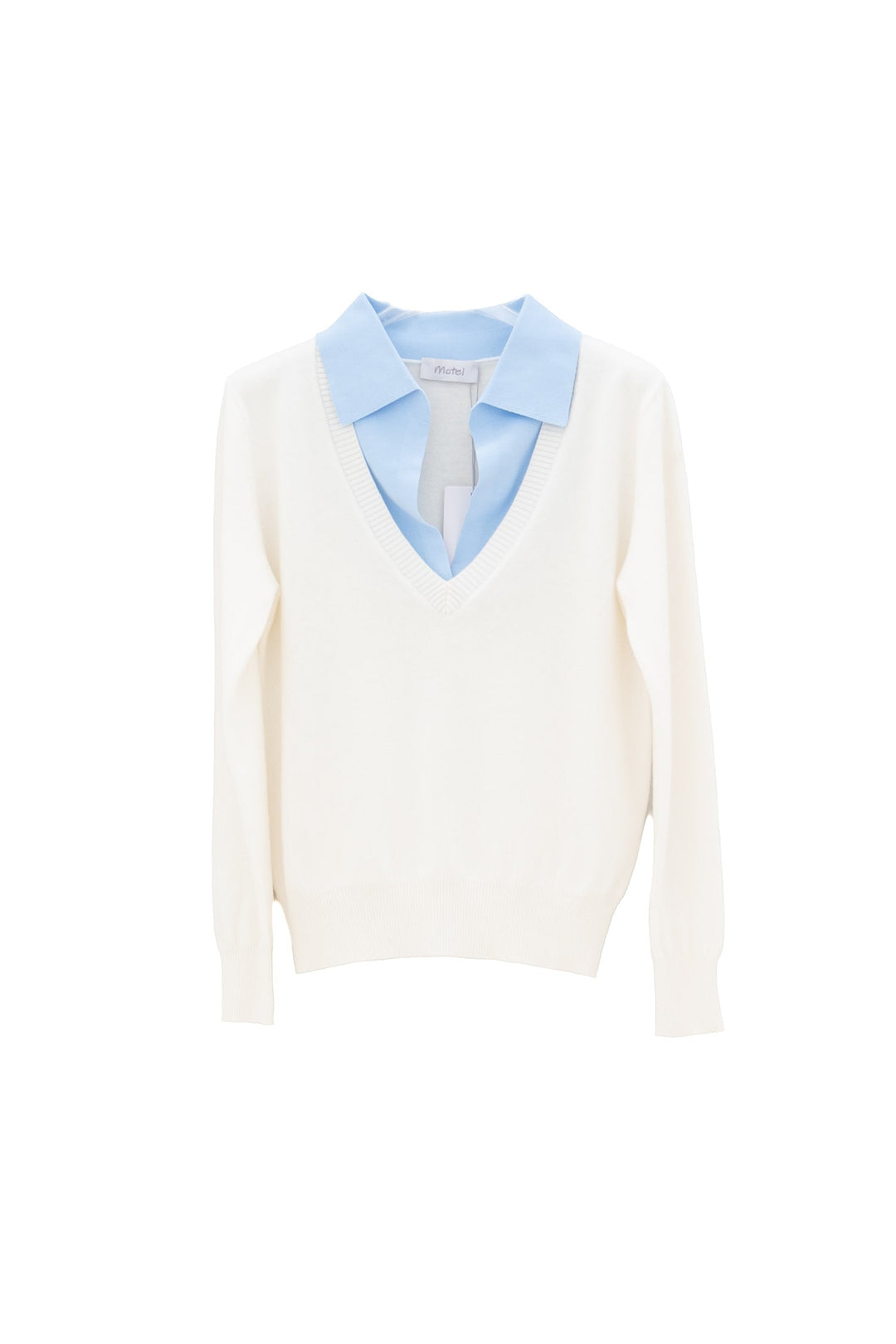 MOTEL Maglia panna con Scollo a V e Collo Camicia celeste - Mancinelli 1954