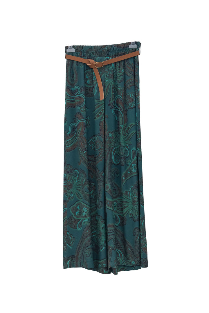 MOTEL Pantalone palazzo verde con stampa paisley e cintura - Mancinelli 1954