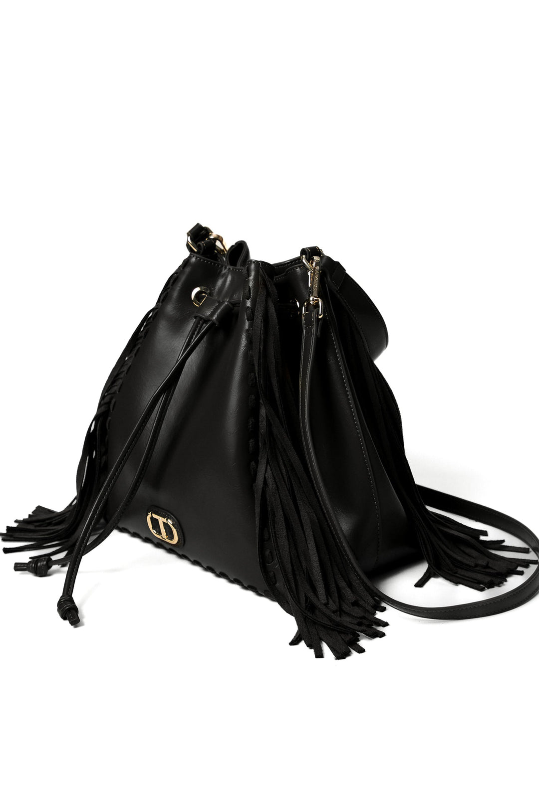 TWINSET Borsa a secchiello 'Melrose' nera con frange - Mancinelli 1954