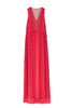 Abito lungo ciliegia in georgette con pizzo e rouches