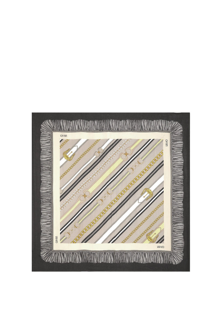 Foulard nero ecosostenibile in chiffon con stampa cinte e catenine