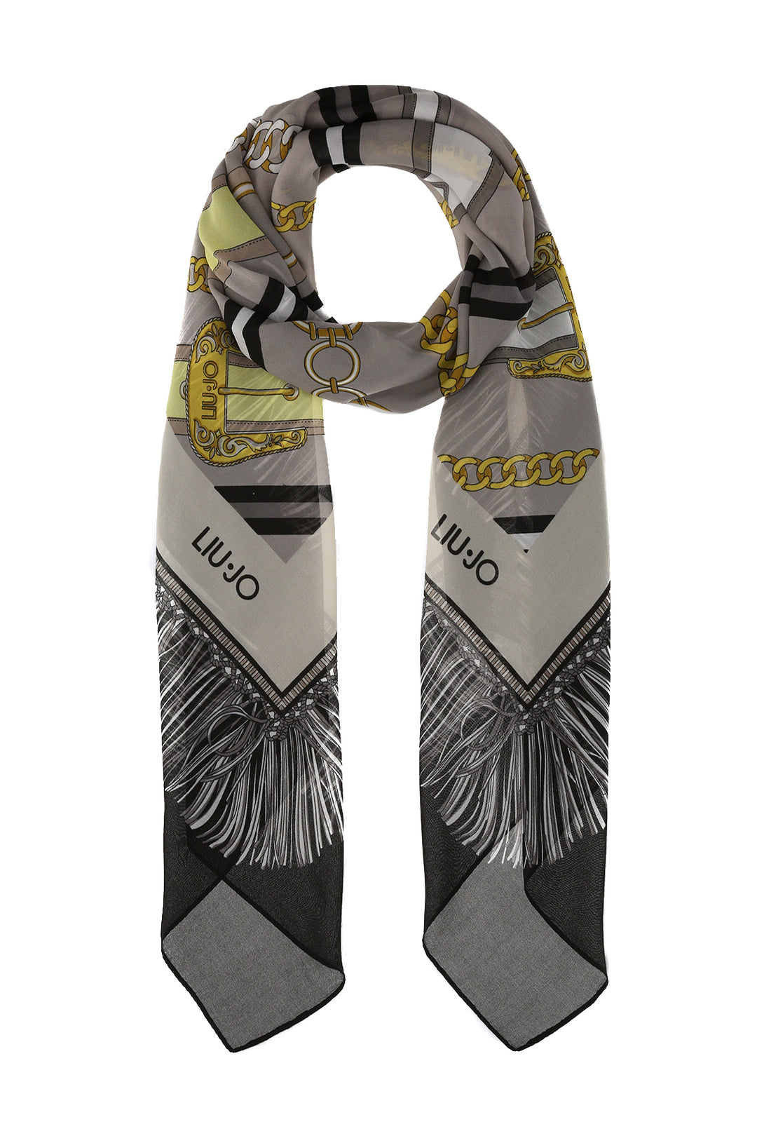 Foulard nero ecosostenibile in chiffon con stampa cinte e catenine