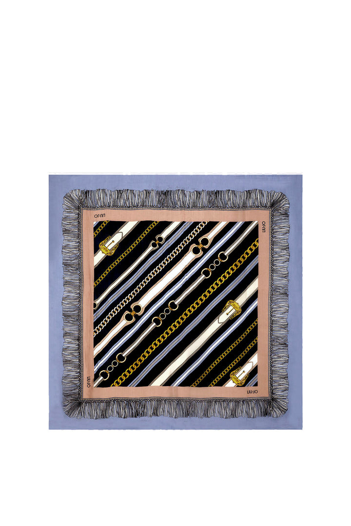 Foulard blu ecosostenibile in chiffon con stampa cinte e catenine