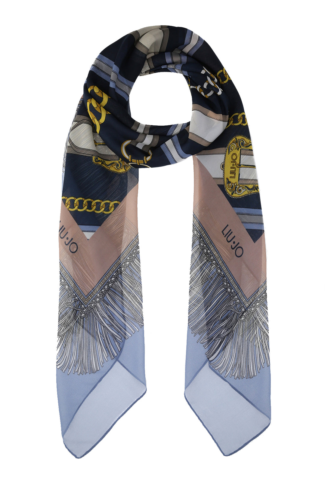Foulard blu ecosostenibile in chiffon con stampa cinte e catenine