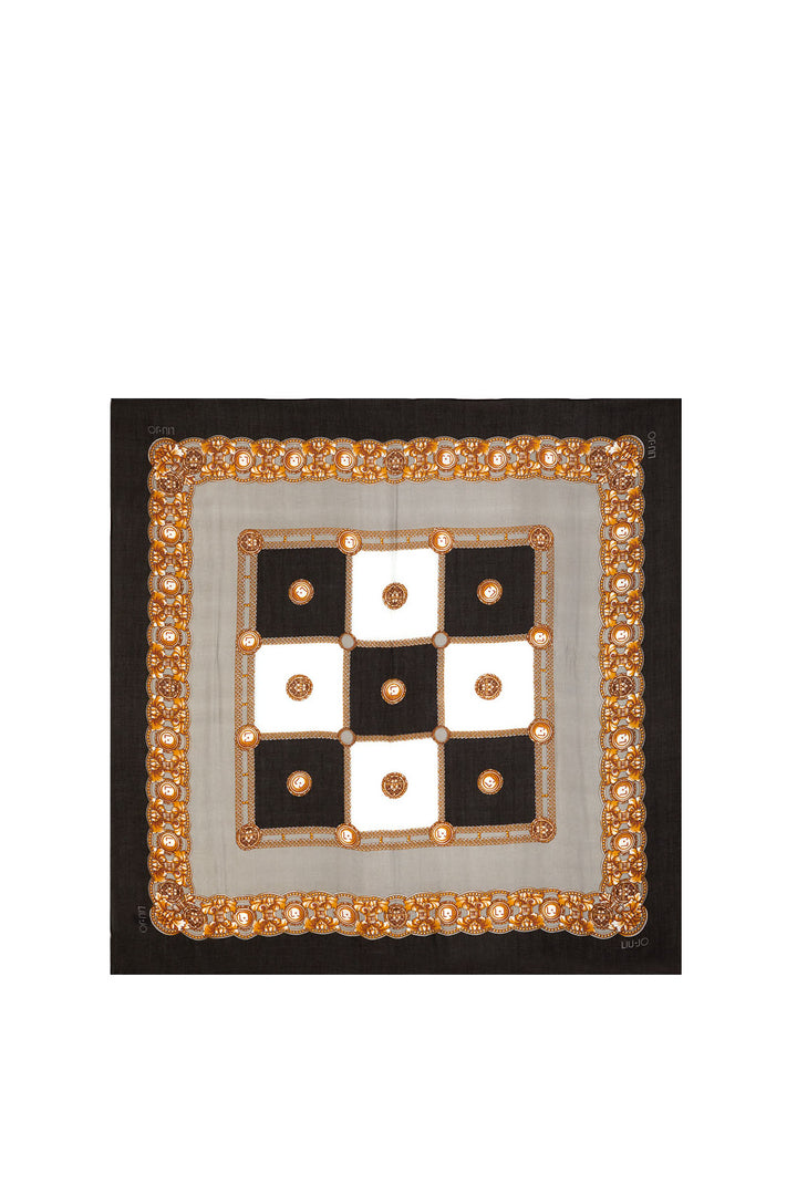 Foulard nero con stampa a quadri e leoni