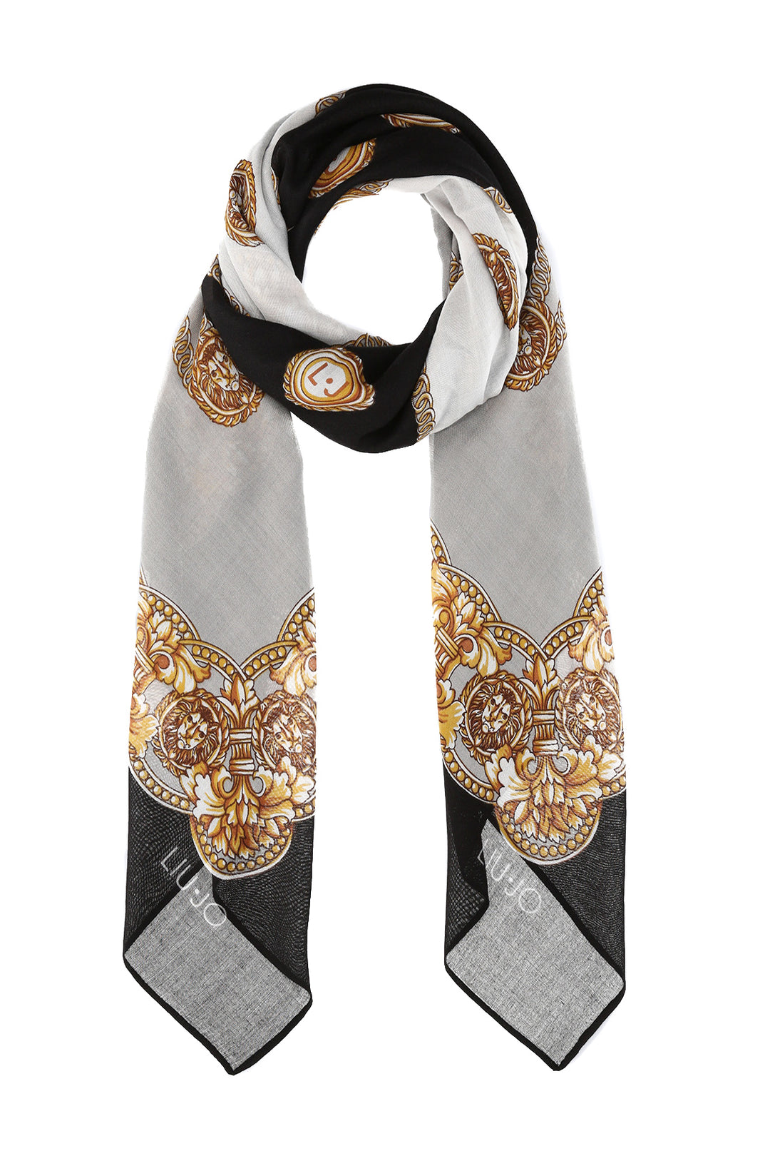 Foulard nero con stampa a quadri e leoni