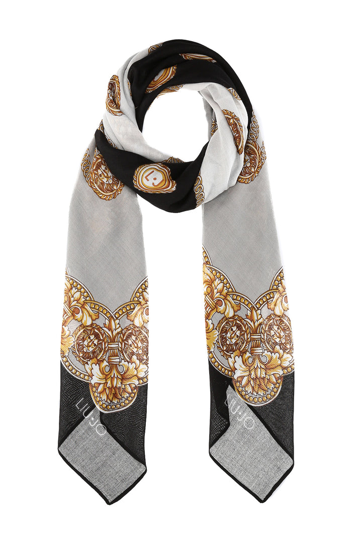 Foulard nero con stampa a quadri e leoni