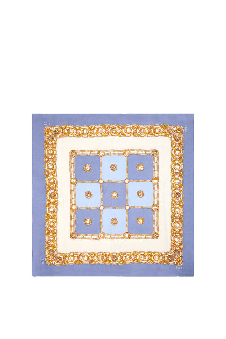 Foulard blu con stampa a quadri e leoni