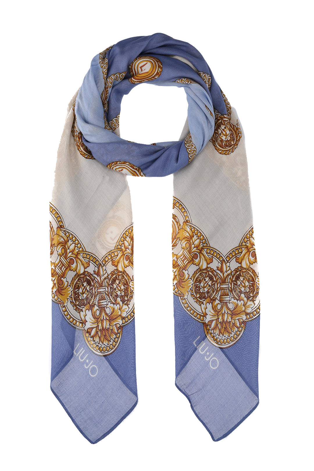 Foulard blu con stampa a quadri e leoni