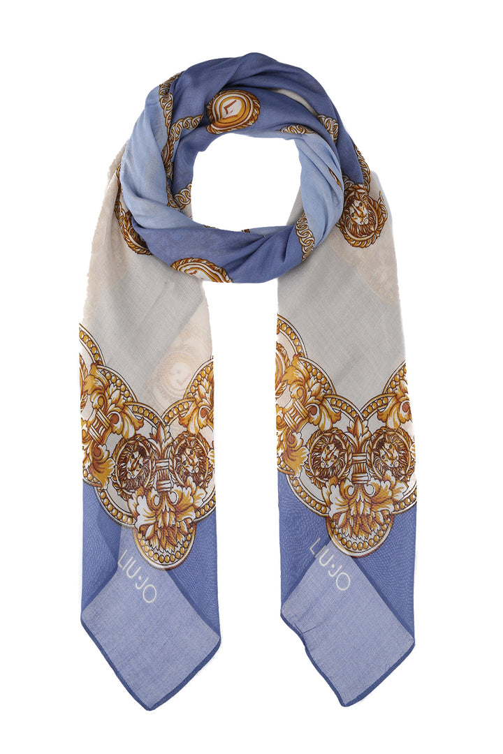 Foulard blu con stampa a quadri e leoni