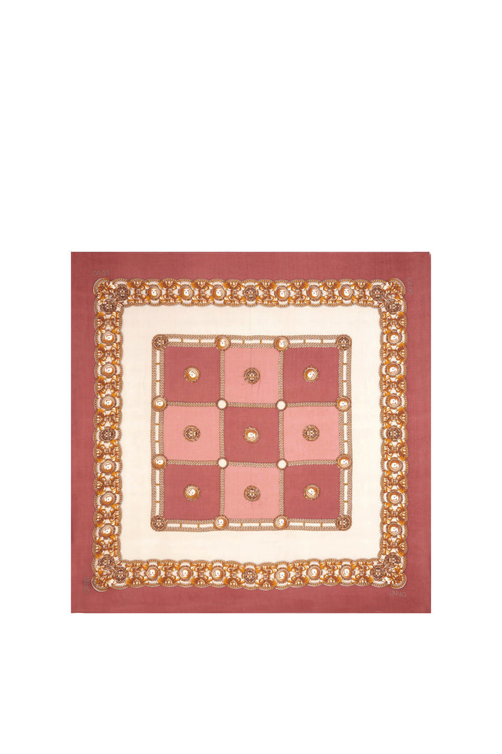 Foulard rosa con stampa a quadri e leoni