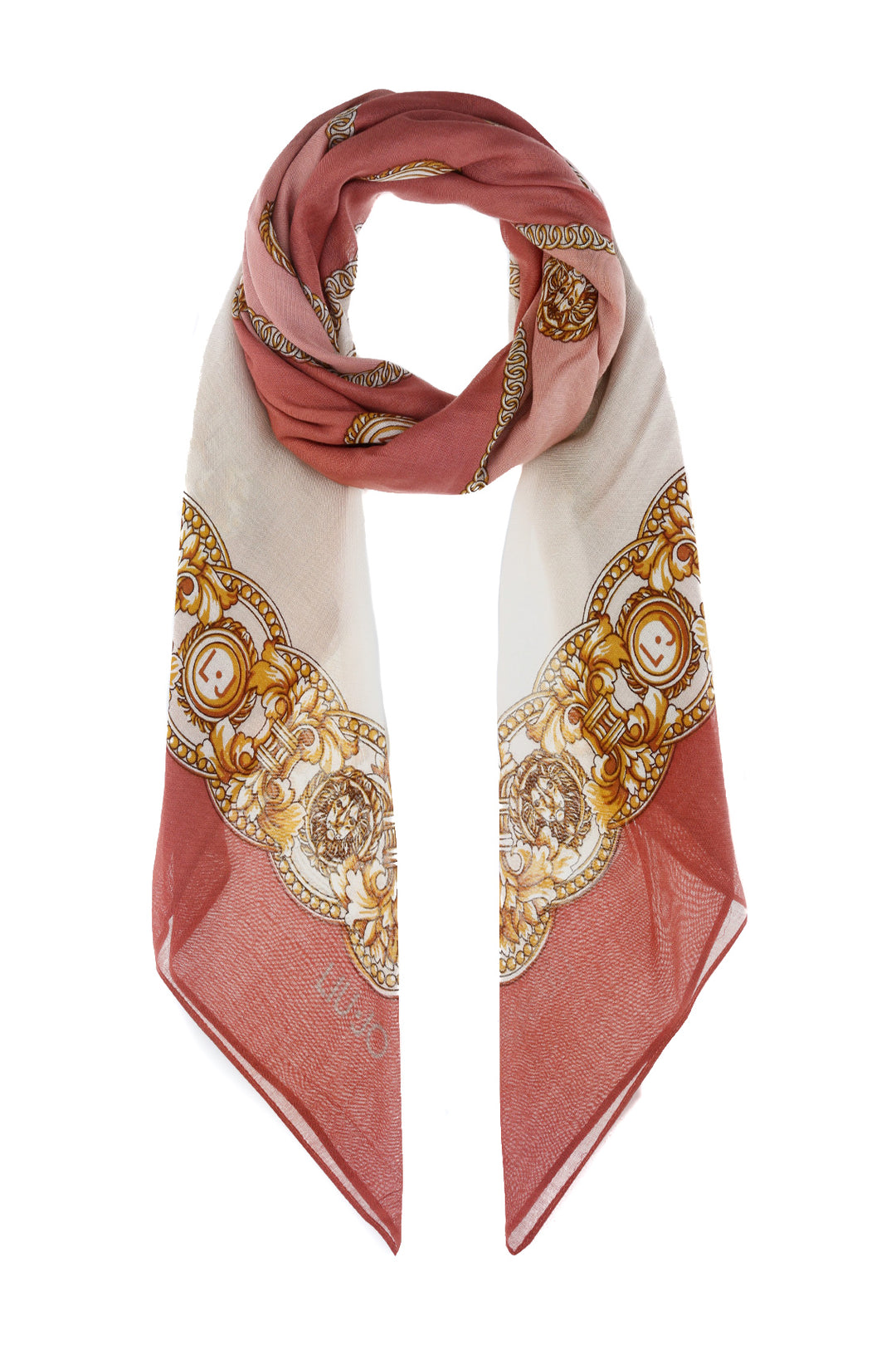 Foulard rosa con stampa a quadri e leoni