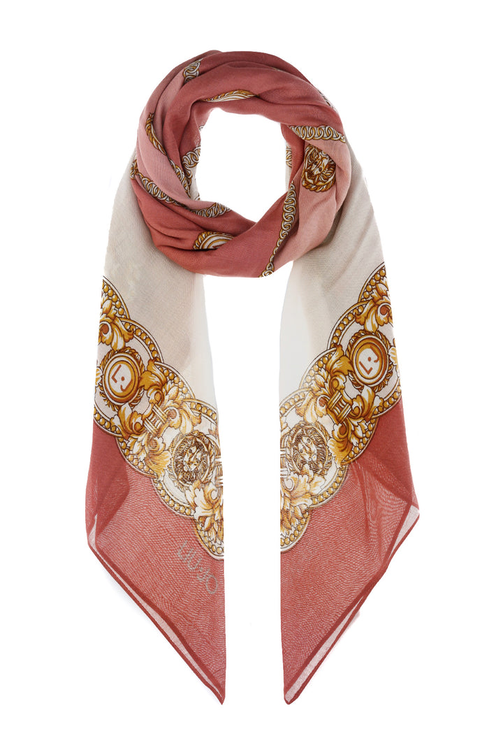 Foulard rosa con stampa a quadri e leoni