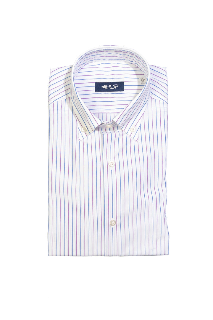 White button down shirt in cotton with blue and purple stripes