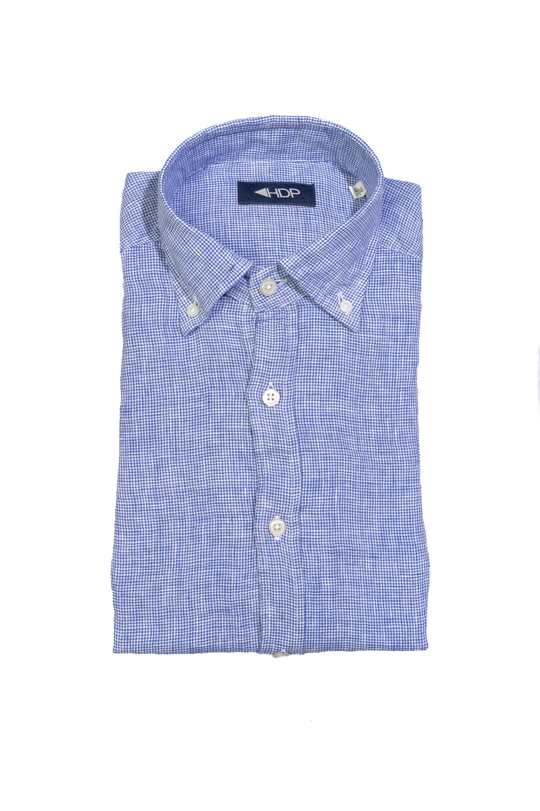 Blue button-down shirt in linen with micro-checks