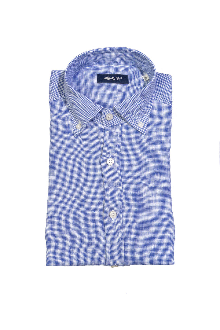 Blue button-down shirt in linen with micro-checks