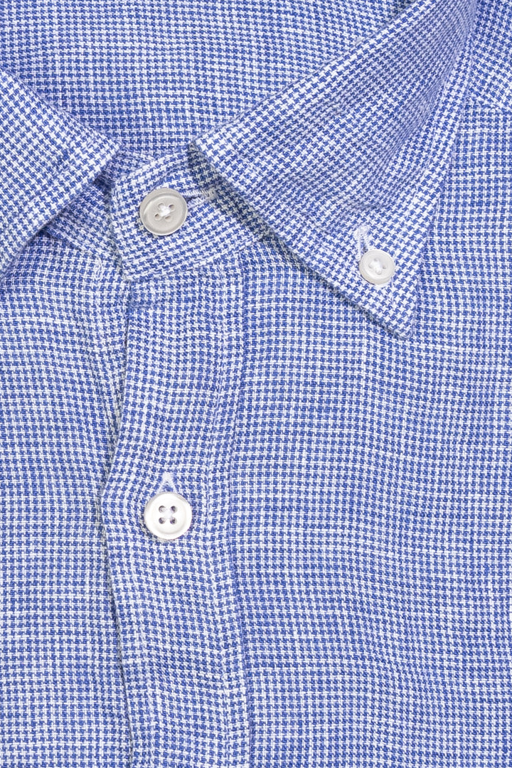Blue button-down shirt in linen with micro-checks