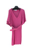 Short cyclamen crepe dress with V-neck and belt