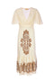 Long cream dress in embroidered cotton with V-neck