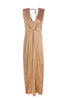 Robe longue « AMAL » dorée en jersey brillant avec jupe pétales