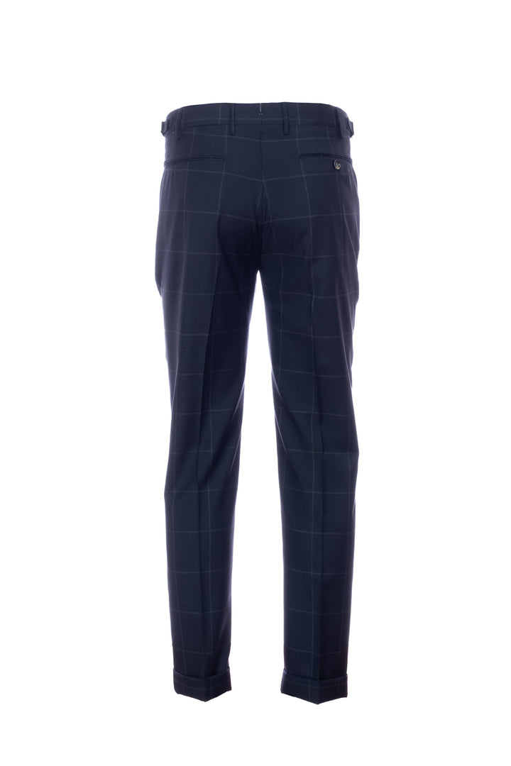 “RETRO” navy blue check trousers in stretch virgin wool with one dart