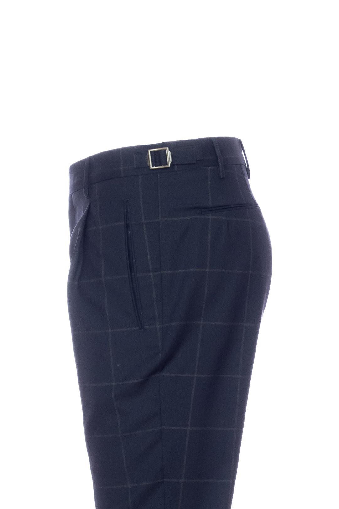 “RETRO” navy blue check trousers in stretch virgin wool with one dart