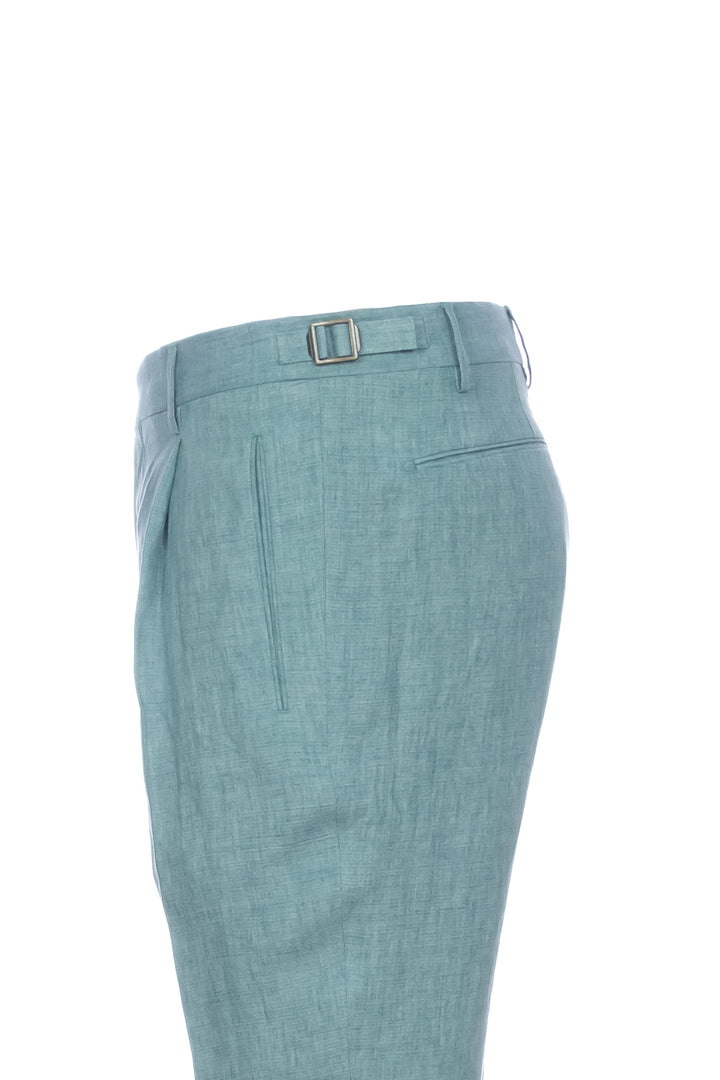 Pantalon « RETRO » en soie vert jade avec un pli