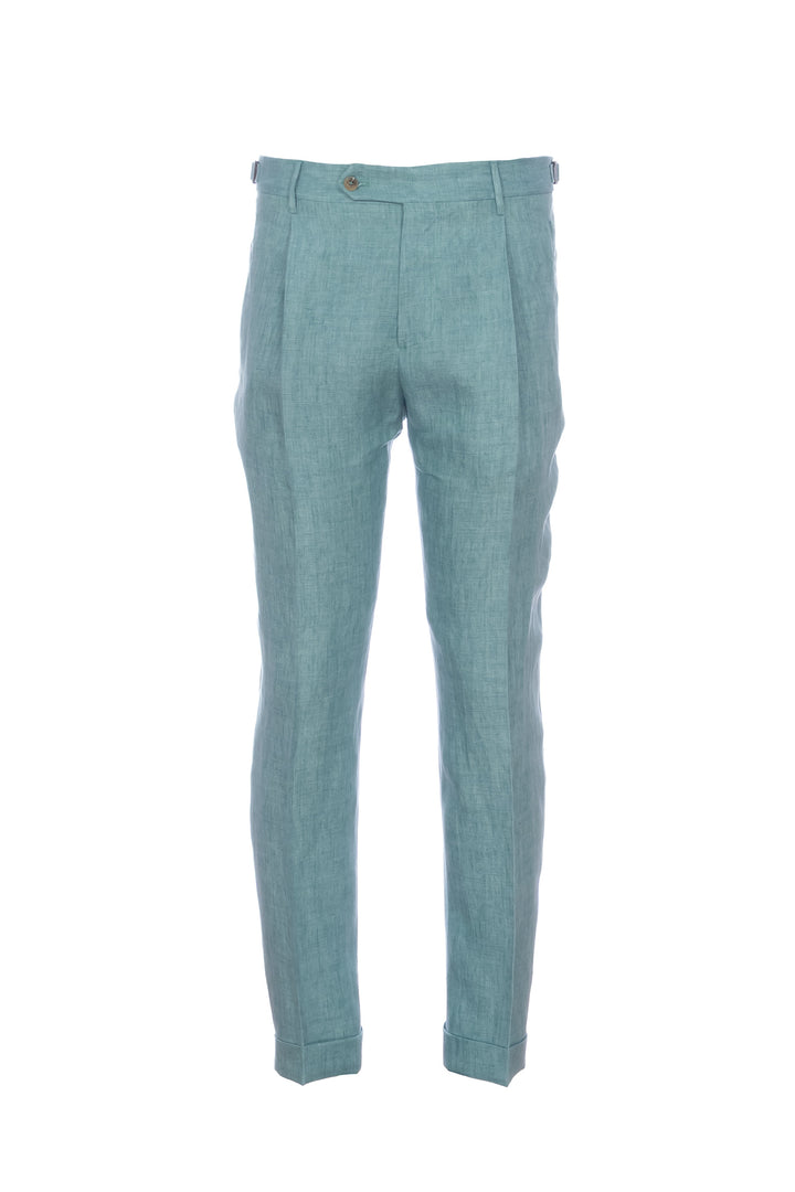 Pantalon « RETRO » en soie vert jade avec un pli