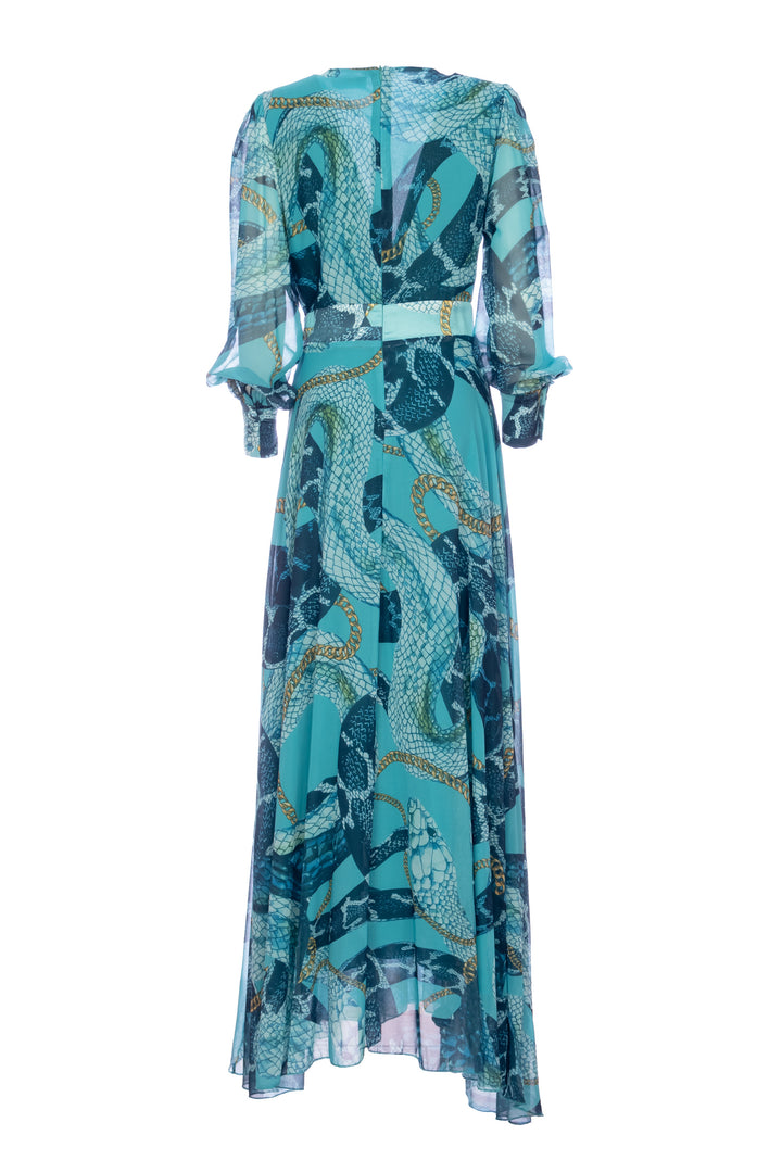 Abito regular lungo turchese in fantasia animalier