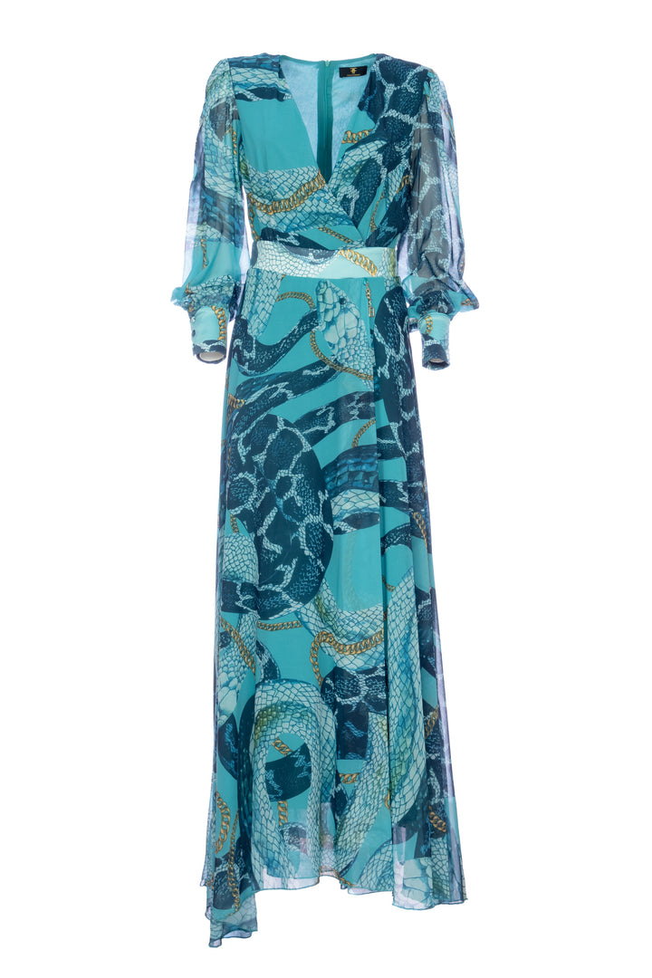 Abito regular lungo turchese in fantasia animalier