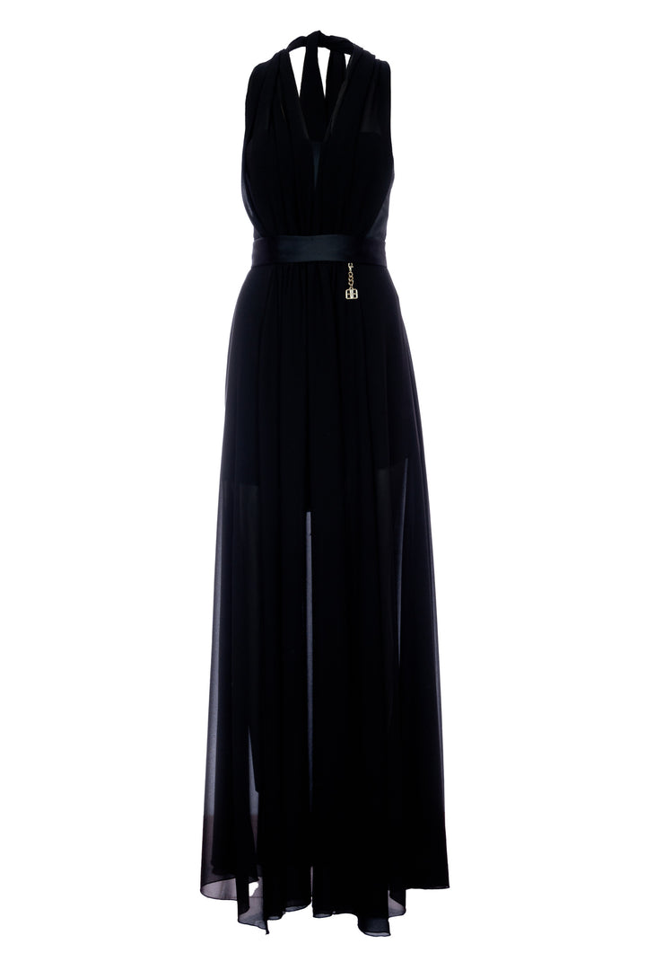 Abito senza maniche lungo nero con georgette